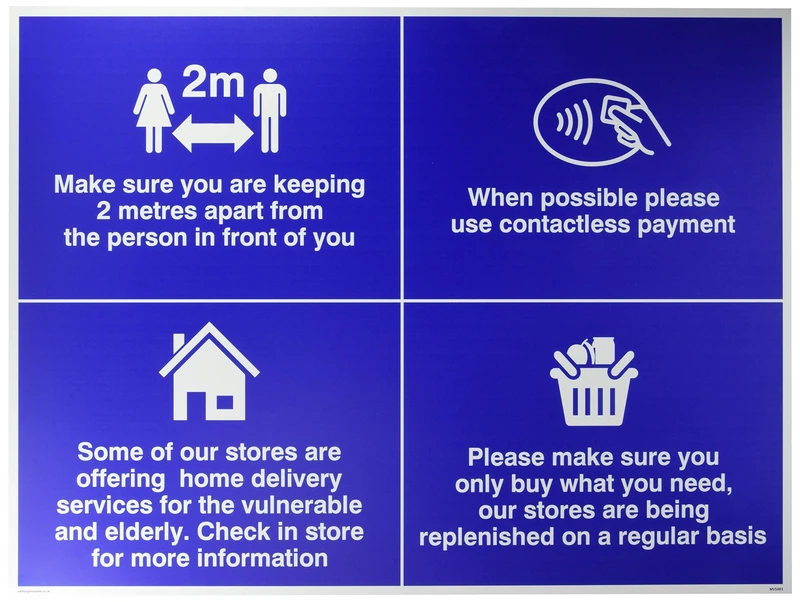 Store sign, social distancing, stock, local delivery, contactless payment