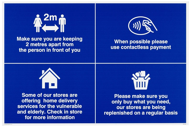 Store sign, social distancing, stock, local delivery, contactless payment
