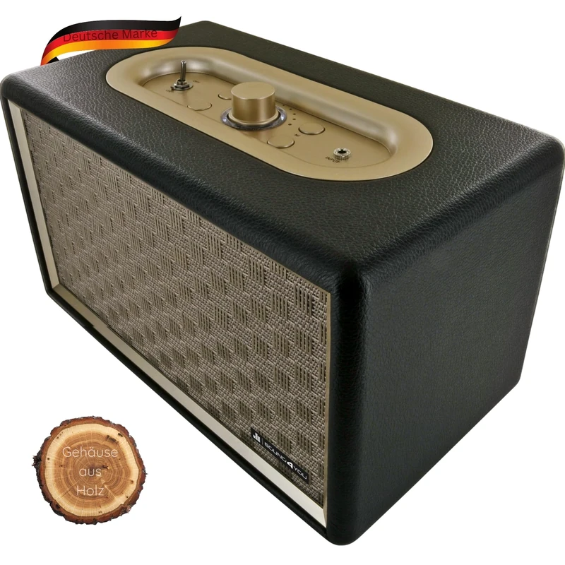 SCHWAIGER 661705 Retro Bluetooth Speaker Vintage Speaker Leather Look Wooden Housing Battery HiFi Music Box with Jack Cable Micro USB Cable