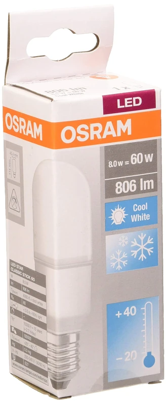 OSRAM LED Lamps, Classic Stick, 8 W, Frosted, Set of 10, 60 W-Replacement E27
