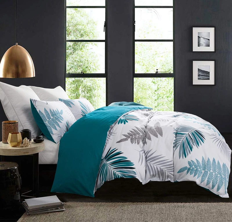 SLEEPBELLA Duvet Cover Full, 600 Thread Count Cotton Leaf Botanical Pattern Print Reversible Comforter Cover Set (Full, Teal Blue-Leaf)