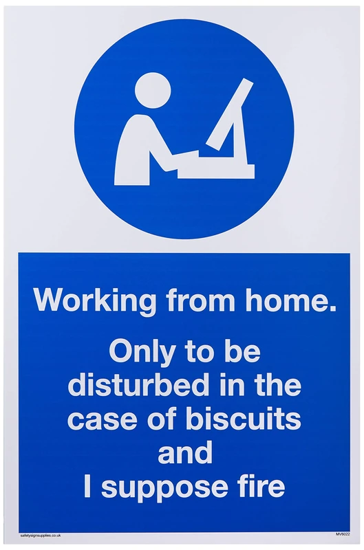 Working from home. Only to be disturbed in the case of biscuits and I suppose fire