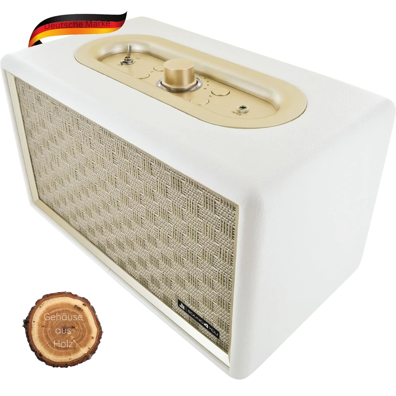SCHWAIGER 661712 Retro Bluetooth Speaker Vintage Speaker Leather Look Wood Case HiFi Battery Music Box with Jack Cable Micro USB Cable White - Image 1