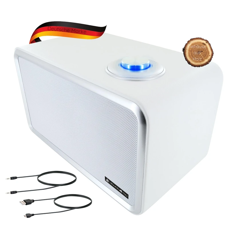 SCHWAIGER 661736 Modern Retro Bluetooth Speaker Modern Vintage Speaker Leather Look Wooden Housing Battery Wireless HiFi Music Box with Jack Cable Micro USB Cable White