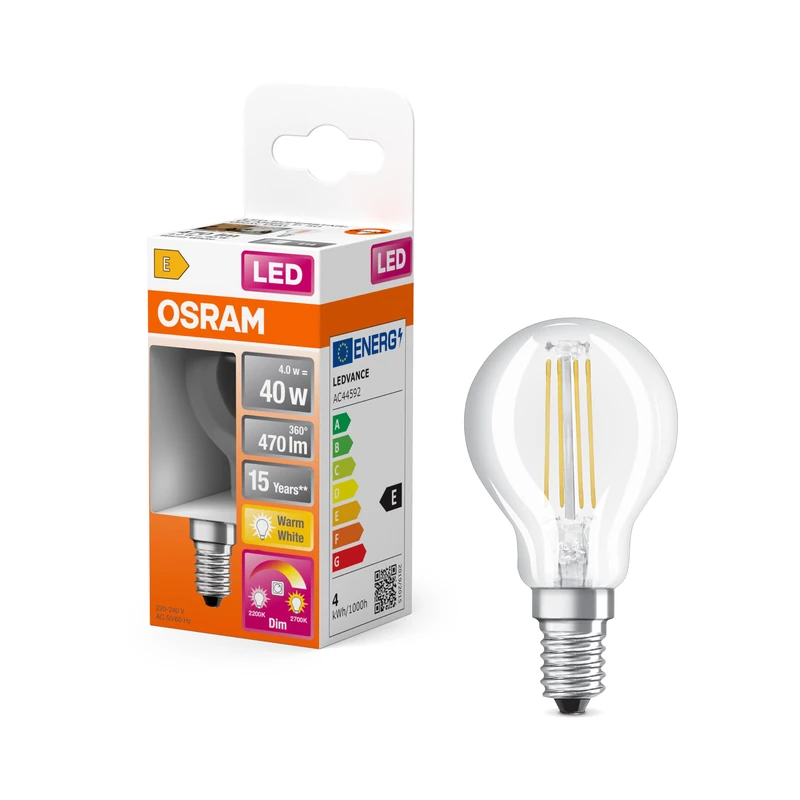 OSRAM Pack of 4 x LED lamp | Base: E14 | Warm White | 2700 K | 5 W | Replacement for 40W | LED Retrofit Classic P DIM