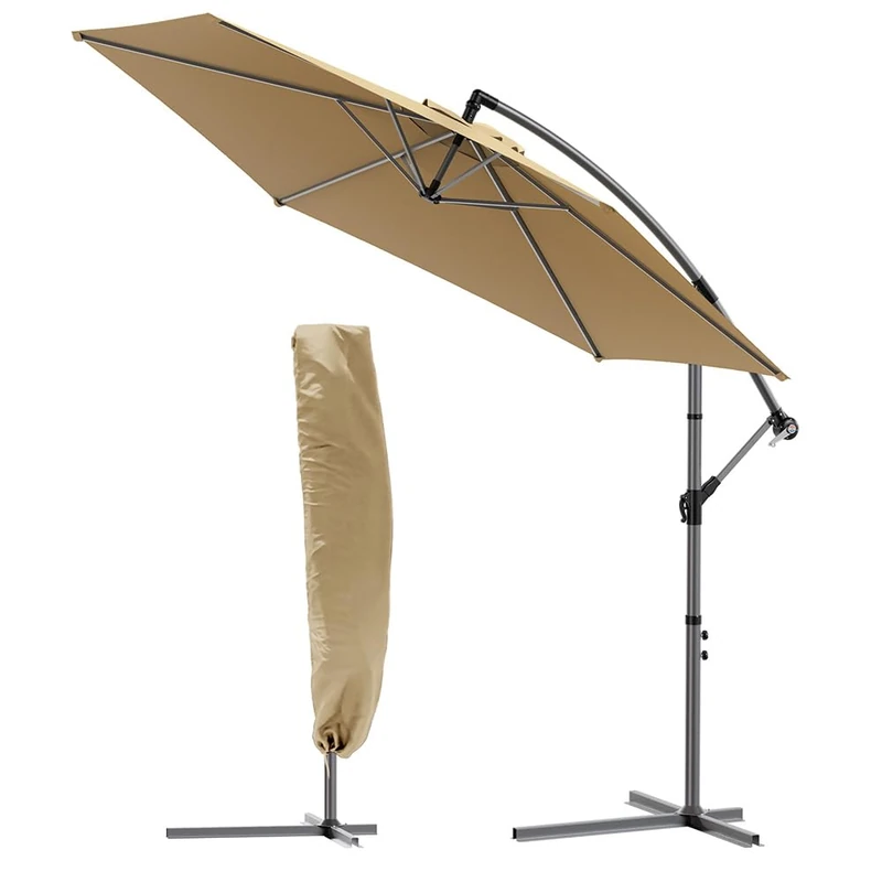VOUNOT® 3m Cantilever Garden Parasol, Banana Patio Umbrella with Crank Handle and Tilt for Outdoor Sun Shade, Khaki