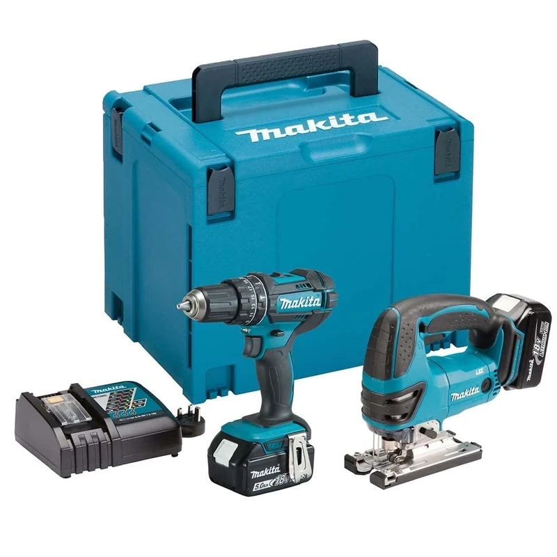 Makita DLX2134TJ 18V Li-ion LXT 2 Piece Combo Kit Comprising DHP482Z and DJV180Z Complete with 2 x 5.0 Ah Batteries and Charger Supplied in a Makpac Case