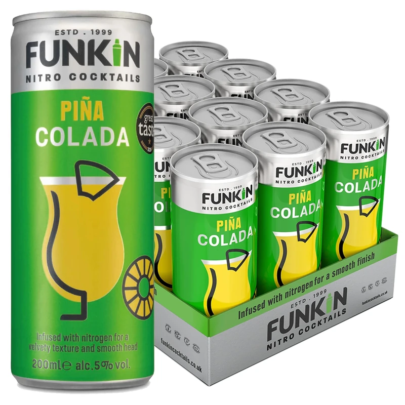 FUNKIN Cocktails Ready to Drink Piña Colada Nitro Cocktail Cans | 5% ABV | Velvety Texture, Smooth Head | Just Pop & Pour, Serve Chilled | Creamy, Tropical, & Refreshing | 200ml, Pack of 12
