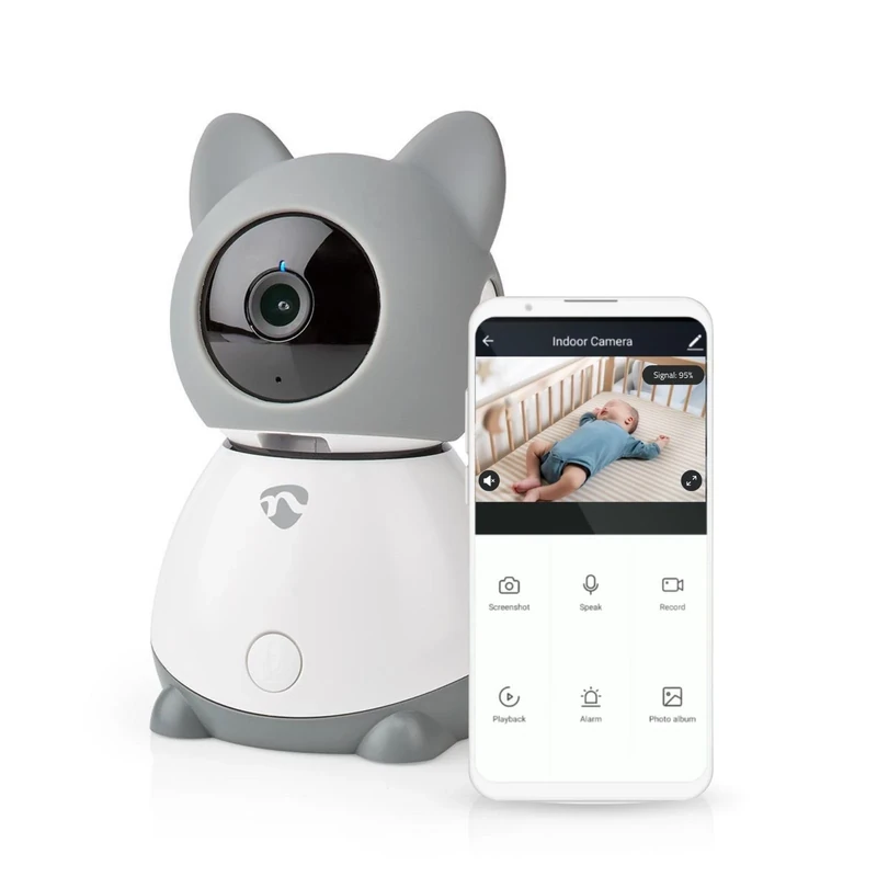 NEDIS Smart Wifi Baby Monitor, Indoor Camera Full HD 1080p, Night Vision, PTZ, Motion & Sound Detection, 2-Way Audio, Humidity & Temperature Sensor, App Control – White/Grey