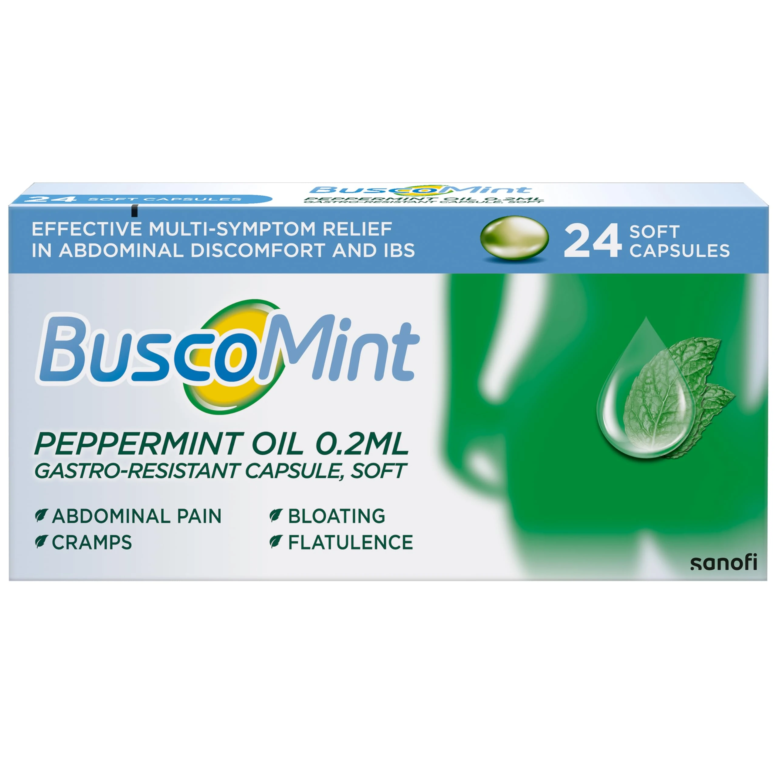 Buscopan Buscomint 0.2 ml Peppermint Oil IBS Multi Symptom Treatment, Soft Gel Capsules, 24 Count (Pack of 1), 100% Natural Active Ingredient, Preservatives Free