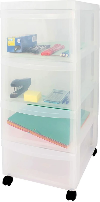 Iris Ohyama, Plastic Drawers Storage Unit, Plastic Storage Drawers, A4 Format & 4 Wheels, H61.5cm/4 Drawers, BPA Free, Frosted White, W40 x D29 x H61.5cm, DC-004