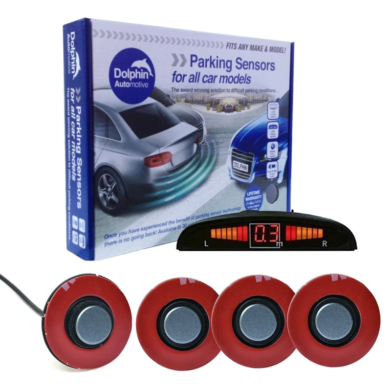 Dolphin Automotive DFM450 Reverse Parking Sensors Flush Mount OEM Style 4 Ultrasonic Radar Sensor Kit Dash Display and Audio Alert System - Grey