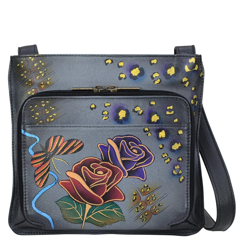 Anna by Anuschka Women's Handpainted Leather Slim Shoulder Organizer, Rose Safari Grey, One Size