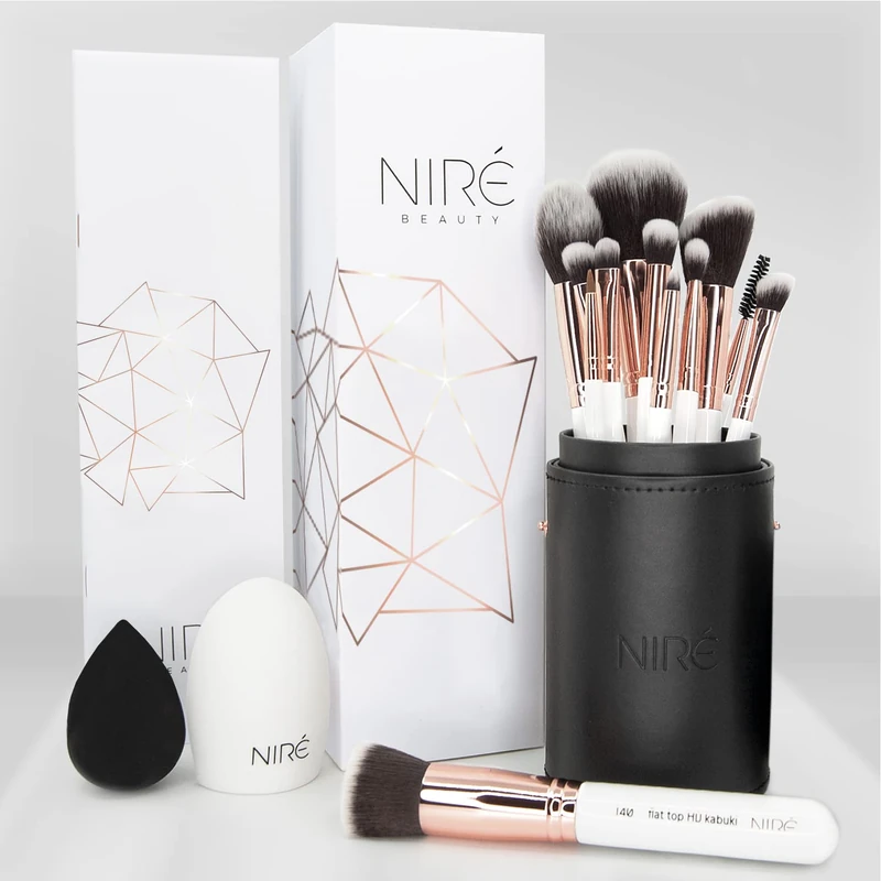 Niré Beauty Professional Makeup Brushes - 15-piece Award Winning Vegan Makeup Brush Set with Case, Blending Sponge, Brush Cleaner, Guide, Gift Box