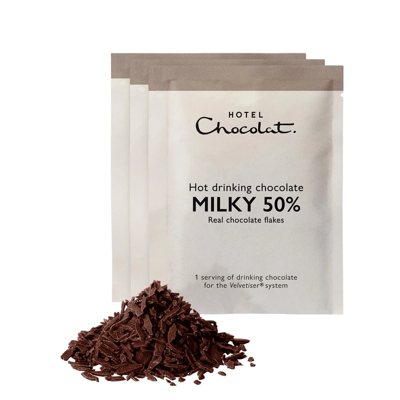 Hotel Chocolat Milky 50% Hot Chocolate Sachets - Luxury Chocolate Flakes - Pack of 20 Single-Serve Sachets, 700g - Made To Pair With The Velvetiser - Serve Hot or Iced