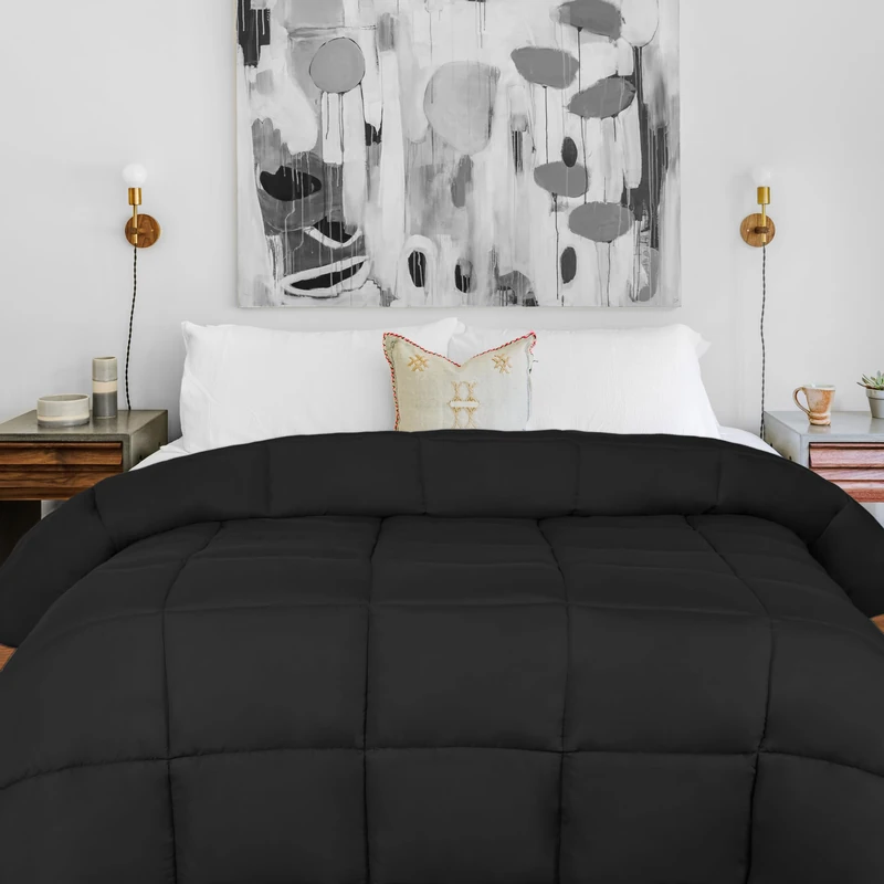 Superior Brushed Microfiber Solid Comforter, Down Alternative Bedding, Reversible, Medium Weight, Fluffy, Decorative, Duvet Insert, Oversized Blanket, Box Quilt Design, Twin/Twin XL, Black - Image 1