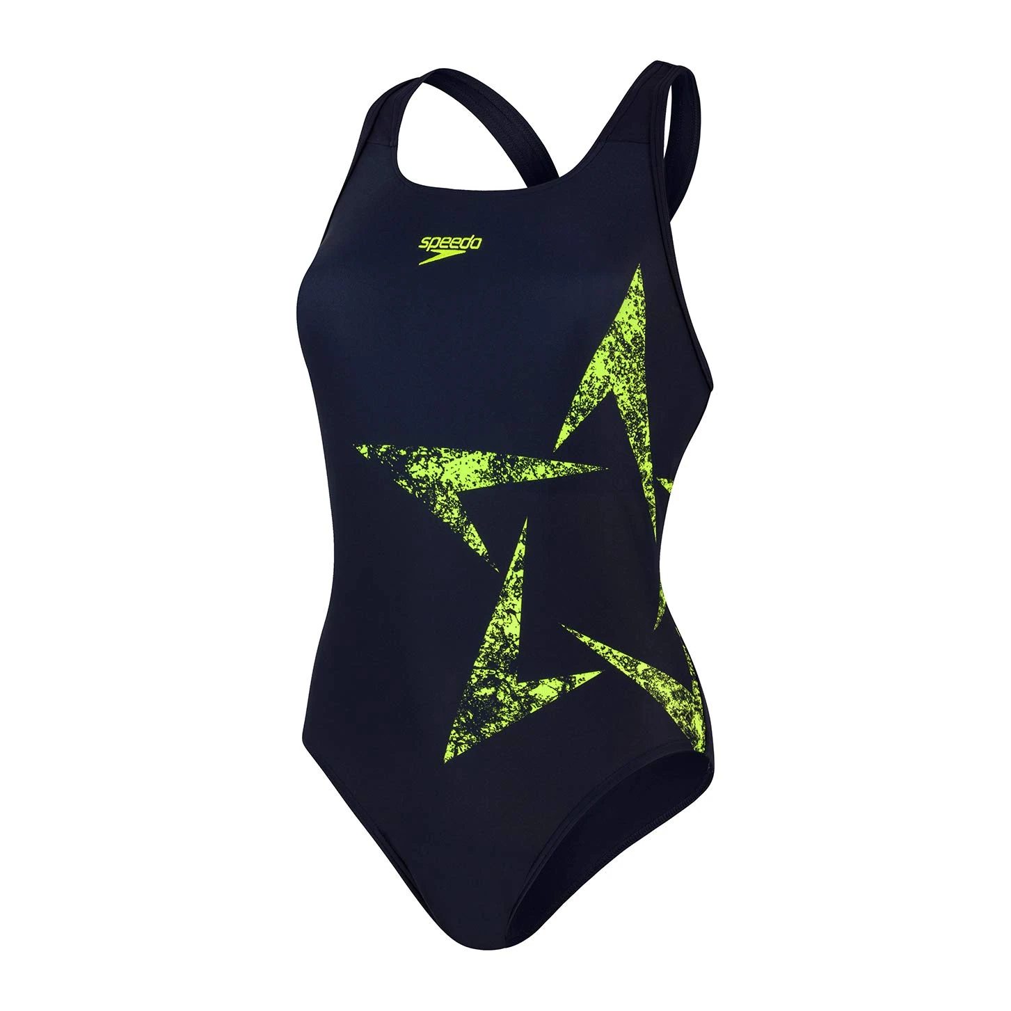 Speedo Boomstar Placement Racerback Swimsuit - True Navy/Fluo Yellow, 28 (UK 6)
