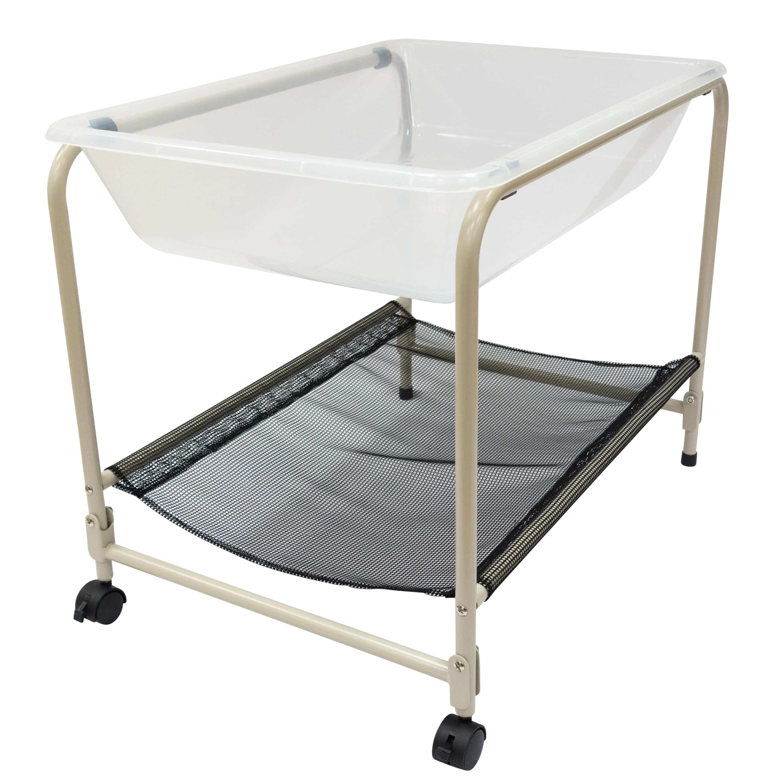 edxeducation Desk Top Water Tray and Stand | Sensory Bin Play | 58 cm High | Sand and Water Table | Lockable Casters and Shelf