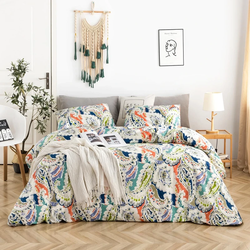 YuHeGuoJi Boho Paisley Duvet Cover Set 100% Cotton King Size Bedding 3 Pieces Set 1 Orange Blue Flowers Bohemian Vibrant Print Duvet Cover with Zipper Ties 2 Pillowcases Hotel Quality Soft Breathable