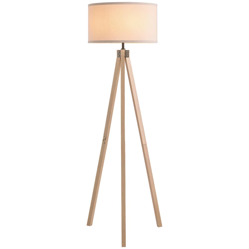 HOMCOM Floor Lamp with Elegant Wood Tripod, Free Standing E27 Bulb Lamp Versatile Use for Home Office - Beige - Image 1