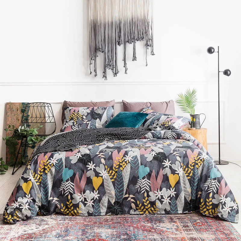 YuHeGuoJi Colorful Tropical Duvet Cover Set King 100% Cotton Black Botanical Duvet Cover 3 Pcs Set 1 Farmhouse Grey Yellow Leaves Duvet Cover with Zipper Ties 2 Pillowcases White Floral Bedding