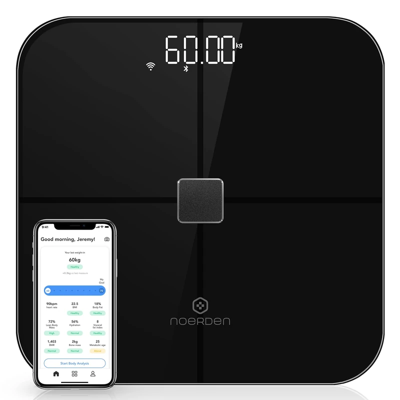 NOERDEN SENSORI - Black - Smart Body Scale - Wi-Fi or Bluetooth, Heart Rate, LED Display, Tempered Glass, BIA Advanced Technology, ITO Conductor - Image 1