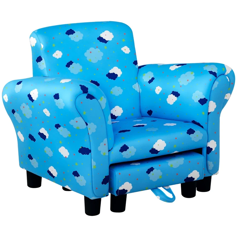 HOMCOM Toddler Chair Children's Armchairs Wood Frame w/Footrest Anti-Slip Legs High Back Arms for Bedroom Playroom Cute Cloud Star Blue