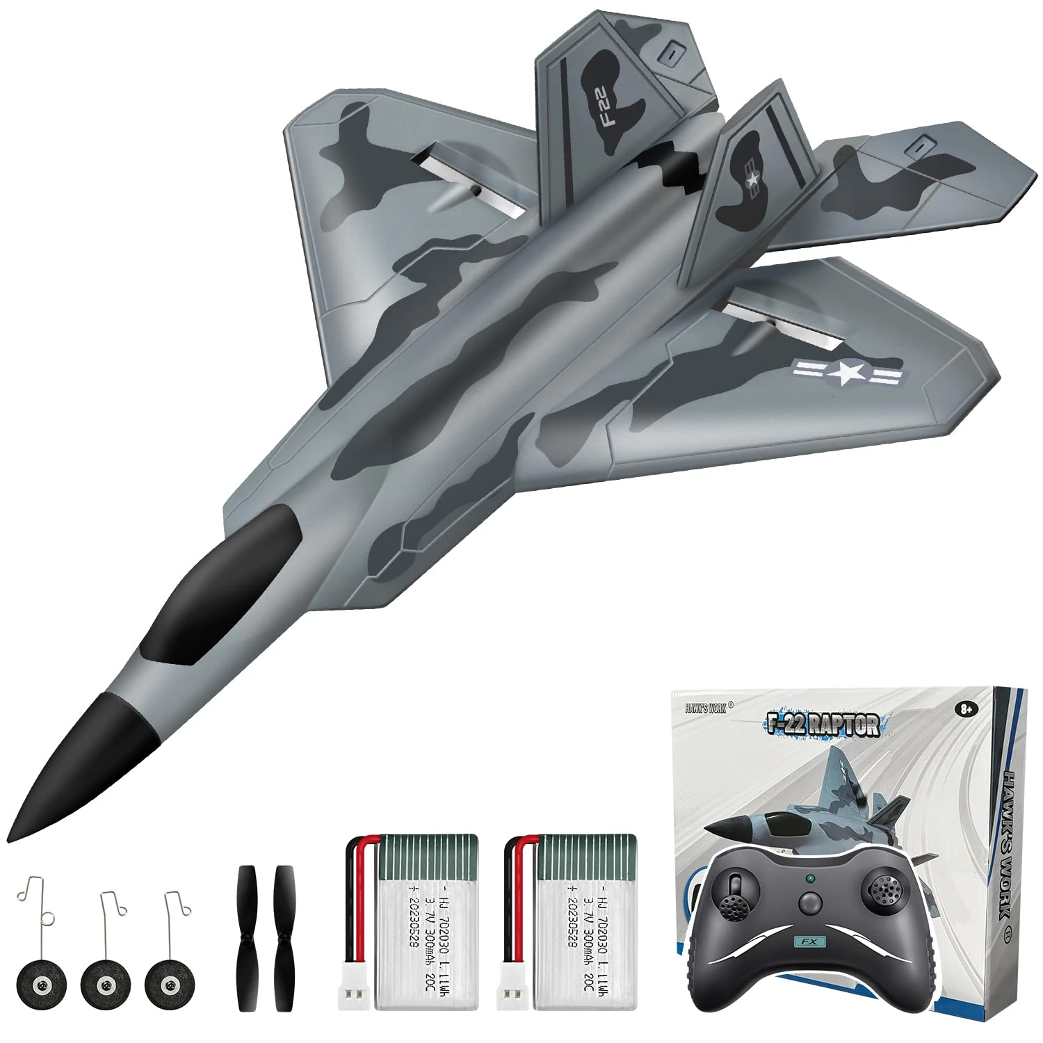 HAWK'S WORK 2 Channel Airplane, F-22 RC Plane Ready to Fly, 2.4 GHz Remote Control Airplane, Glider for Kids & Beginners