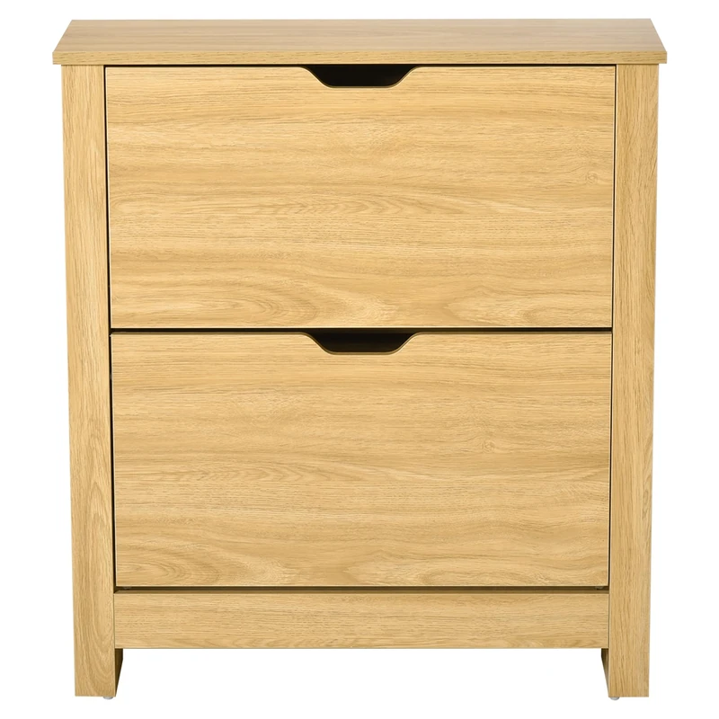 HOMCOM Narrow Shoe Cabinet, Space Saving Shoe Storage Cabinet with 2 Flip Drawers and Adjustable Shelves for 6-12 Pairs of Shoes for Hallways and Living Room, Natural Wood Finish - Image 1