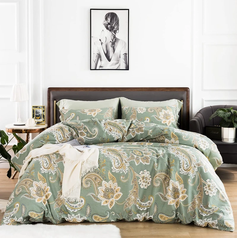 YuHeGuoJi Bedding Set 3 Pieces 100% Cotton Modern Printed Pattern 1 Duvet Cover with Zipper and Corner Ties Lightweight Breathable Modern King Retro Green Paisley