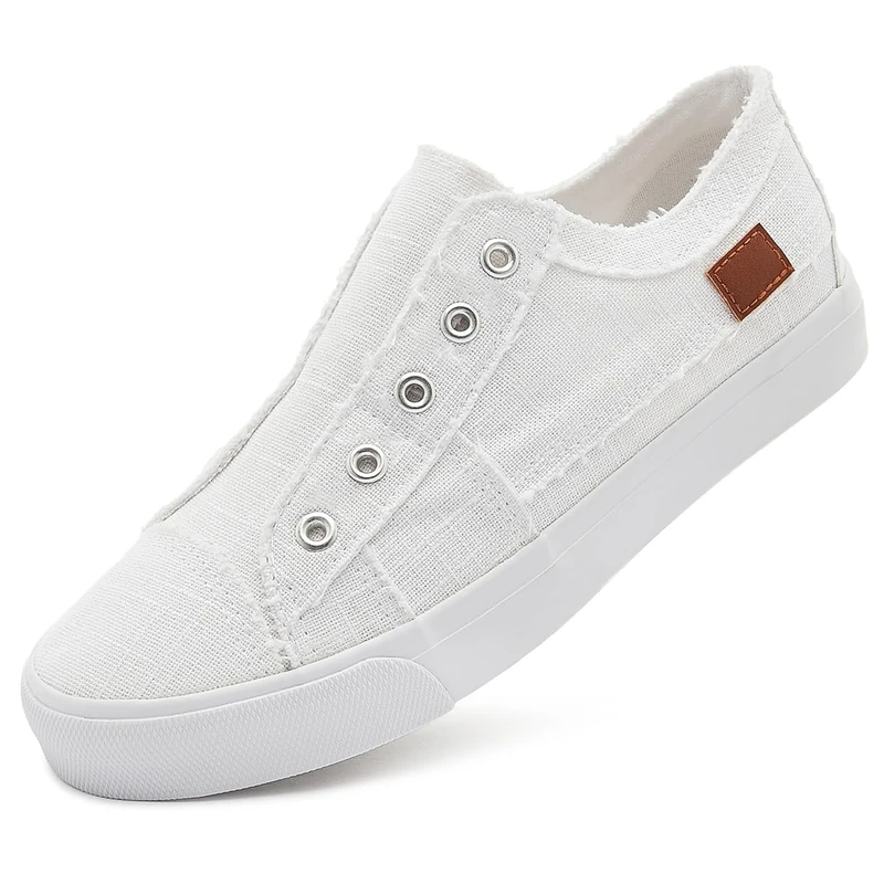 Women's Slip on Shoes Fashion Canvas Sneakers Low Top Casual Shoes White Size: 6 UK