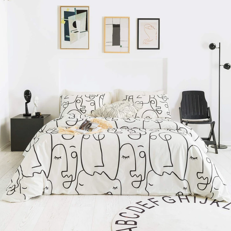 YuHeGuoJi 3 Pieces Duvet Cover Set 100% Cotton White King Size Black Cartoon Face Bedding Set with 1 Abstract Line Train Duvet Cover with Zipper Soft Breathable