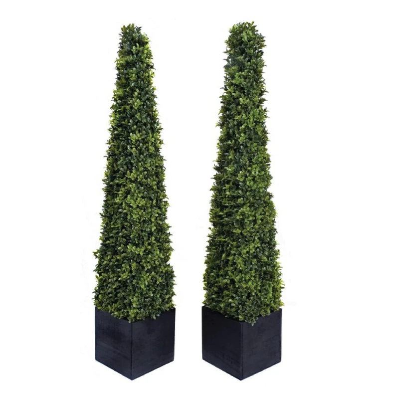 2 x Artificial Premium Quality Topiary Boxwood Pyramid Trees in Black Square Planter for Indoor Outdoor Decor, UV Stable (4ft/120cm)