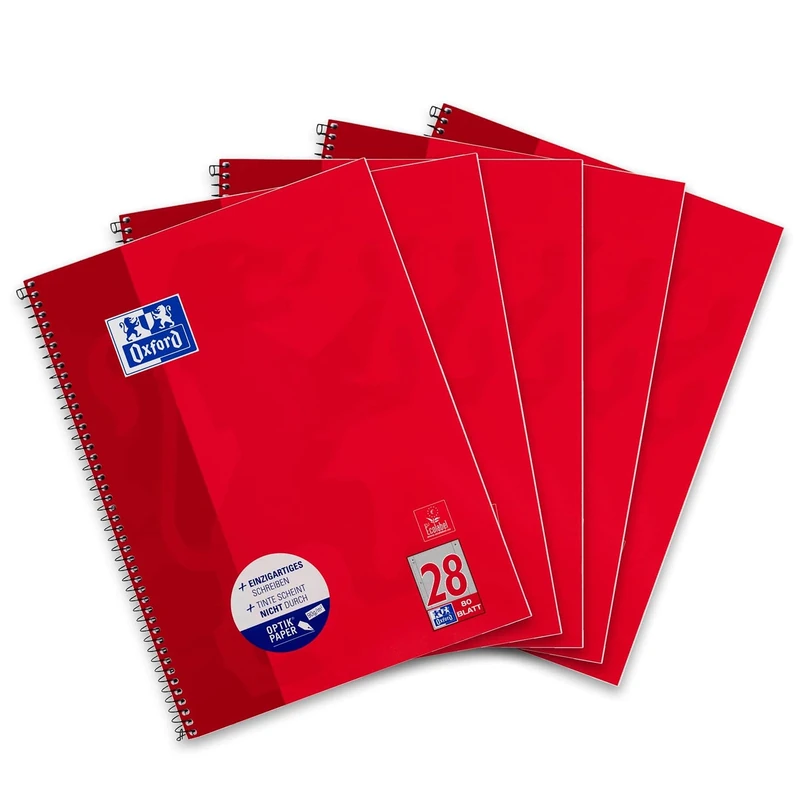 Oxford Notebook A4 Squared, 80 Sheets, Red, Pack of 5