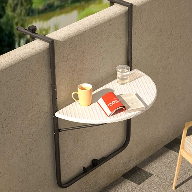 BAKAJI Table Railing Table for Outdoor Balcony Folding Space Saving Height Adjustable Metal Frame and Polyrattan Top xon Cup Holder Size 60x64cm (White)