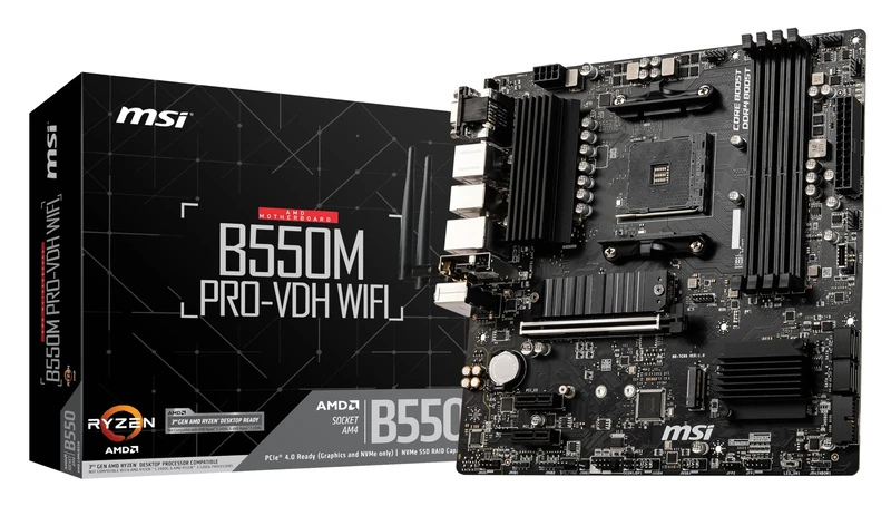 MSI B550M PRO-VDH WIFI Motherboard M-ATX - Supports AMD Ryzen 5000 Series Processors, AM4, DDR4 Boost (4400MHz/OC), 1 x PCIe 4.0 x16, 3 x PCIe 3.0 x16, 1 x M.2 Gen4, 1 x M.2 Gen3, Gigabit LAN, Wi-Fi 6
