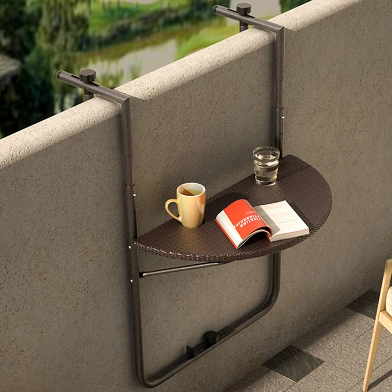 BAKAJI Table Railing Table for Outdoor Balcony Folding Space Saving Height Adjustable Metal Frame and Polyrattan Top xon Cup Holder Size 60x64 cm (Brown)