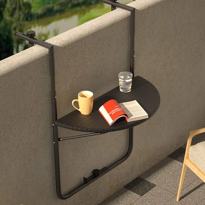 BAKAJI Table Railing Table for Outdoor Balcony Folding Space Saving Height Adjustable Metal Frame and Polyrattan Top xon Cup Holder Size 60x64 cm (Black)