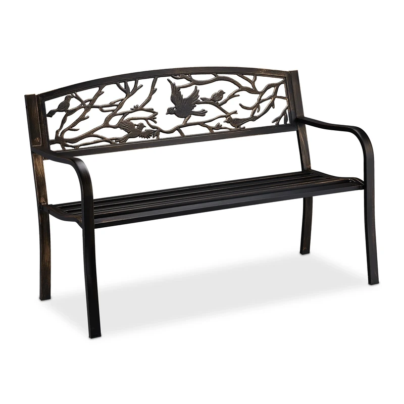 Relaxdays garden bench, bird design, 2 seater, vintage, garden and patio furniture, outdoor bench, black/bronze
