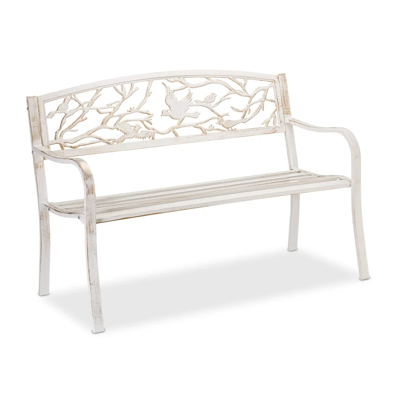 Relaxdays garden bench, bird design, 2 seater, vintage, garden and patio furniture, outdoor bench, white/bronze