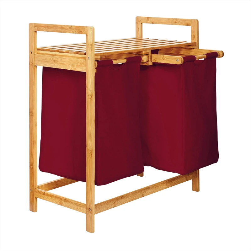 Lumaland Bamboo Laundry Basket with 2 Pull-Out Laundry Bags | Size Approx. 73 cm Height x 64 cm Width x 33 cm Depth, Colour: Dark Red