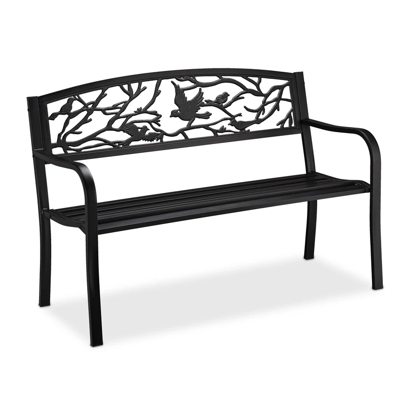 Relaxdays garden bench, bird design, 2 seater, vintage, garden and patio furniture, outdoor bench, black