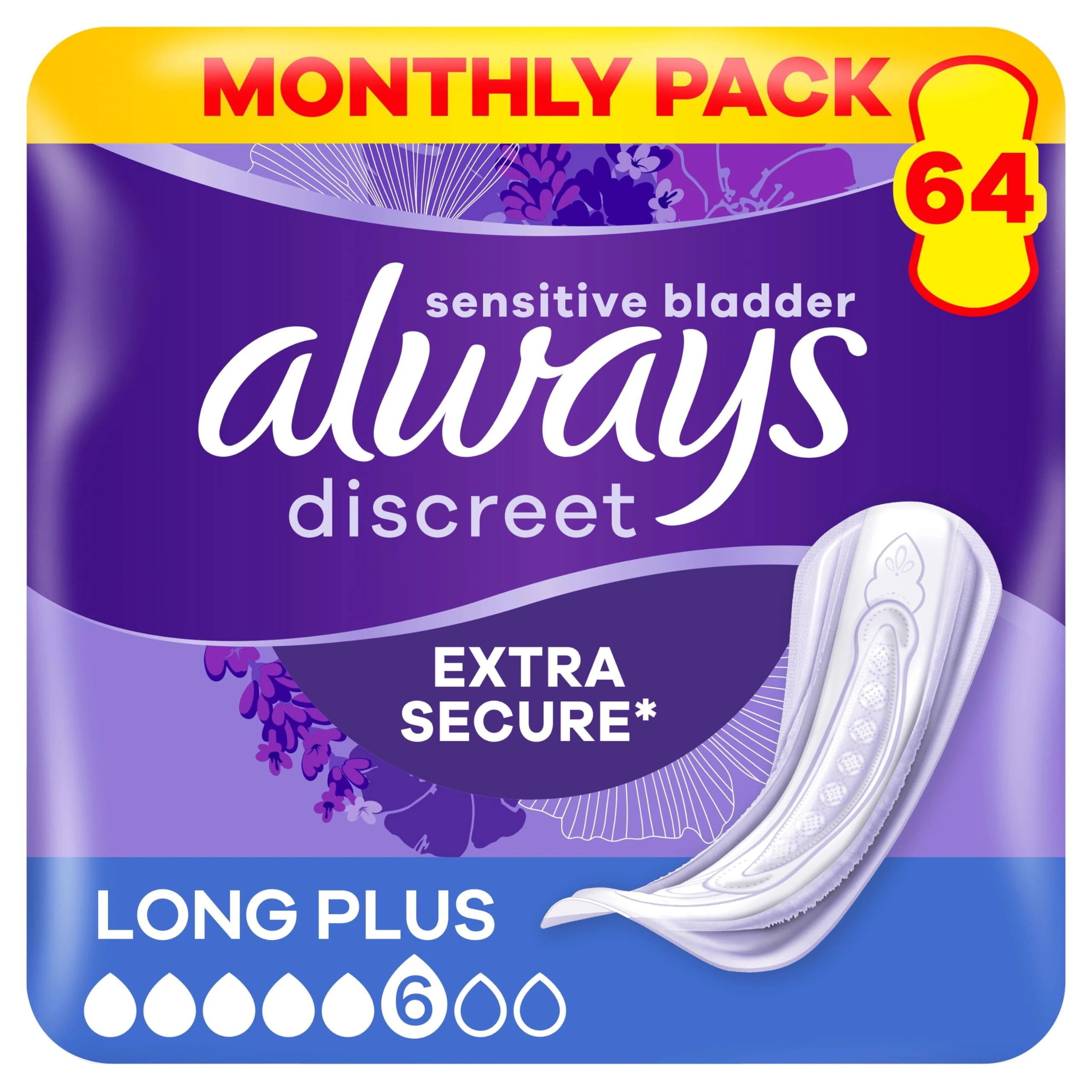 Always Discreet Incontinence Pads Women Long Plus 64 Count