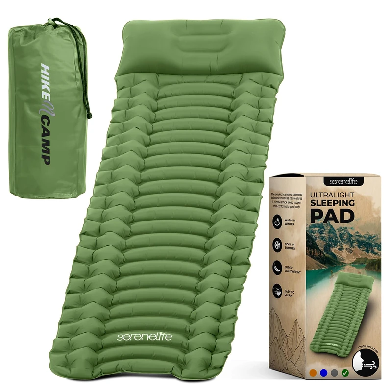 SereneLife Ultralight Pad + Carrying Bag-Lightweight, Self Inflating & Compact Sleeping Mat for Backpacking, Hiking Air Mattress (Green), Nylon, One Size