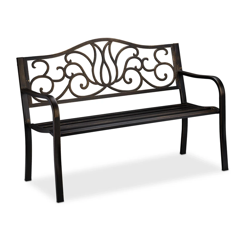 Relaxdays antique-looking garden bench, 2 seater, outdoor seating, park bench, steel, 127.5 x 63 x 90 cm, black-bronze