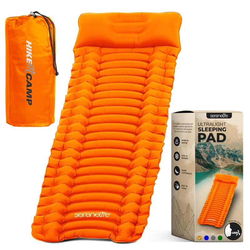 SereneLife Ultralight Pad + Carrying Bag-Lightweight, Self Inflating & Compact Sleeping Mat for Backpacking, Hiking Air Mattress (Orange), Nylon, One Size