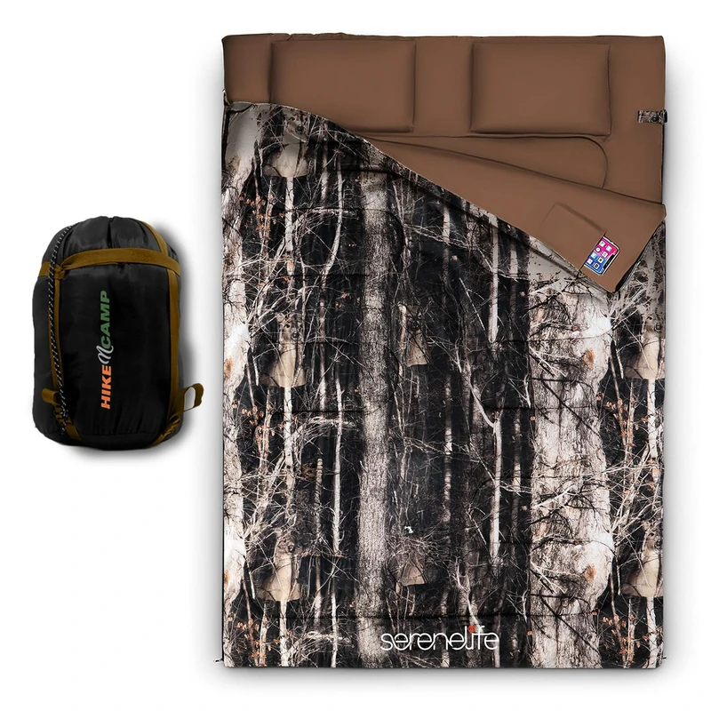 SereneLife Sleeping Bag for All Weather Camping, Waterproof, Double with 2 Pillows for Adults/Teens, Camping Gear & Hiking Essentials, Warm & Lightweight - Outdoor Weatherproof, Wide