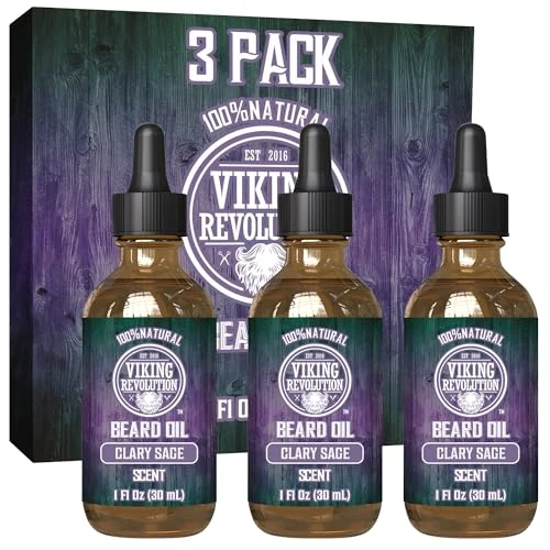 Viking Revolution Clary Sage Beard Oil for Men - Natural Men's Beard Oil with Argan Oil and Jojoba Oil - Beard Softener, Strengthens and Moisturises - Beard Conditioner for Men (Clary Sage, 3 Pack)