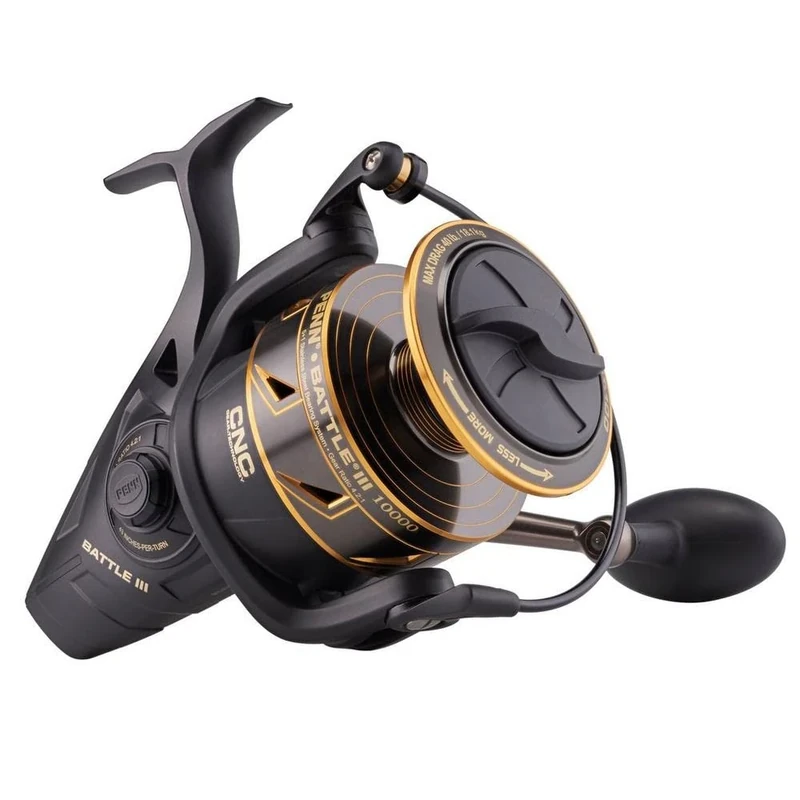 PENN Battle III Spinning, Fishing Reel, Spinning Reels, Sea - Inshore Fishing, Rugged, Saltwater Spin Reel for Lure and Bait Fishing - Bass, Pollack, Cod, Mackerel, Wrasse, Unisex, Black Gold, 10000