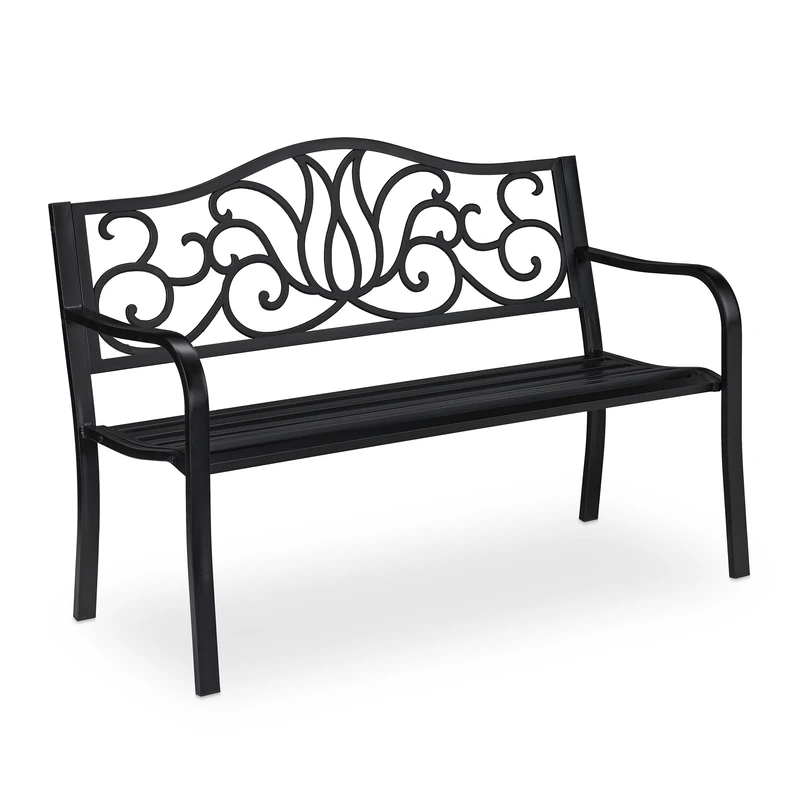 Relaxdays antique-looking garden bench, 2 seater, outdoor seating, park bench, steel, 127.5 x 63 x 90 cm (LxWxH), black